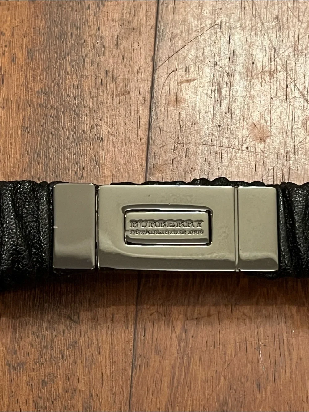 Vintage Burberry Black Gathered Leather Belt with Gunmetal Plaque Buckle